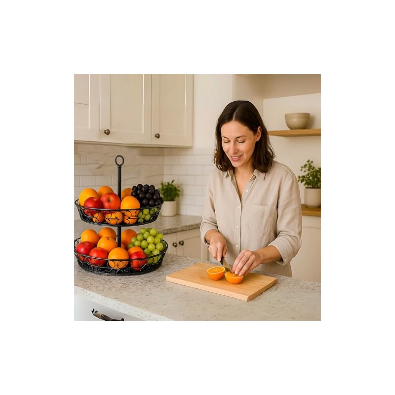 SDZOREN Metal 2-Tier Floor Fruit Basket – Easy to Assemble,