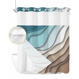 No Hook Abstract Ombre Shower Curtain with Snap in Liner, Turquoise Brown Cream Striped Shower Curtain for Bathroom Waterproof Modern Art Bath Curtain with See Through Mesh Top Window, 72" x 72"