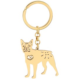 WEVENI Cute Dog Keychain 18K Gold Plated Stainless Steel Key Chain Ring Accessories Charms Dog Lovers Gifts for Women Girls, Gold Plated Boston Terrier, 44mm x 53mm