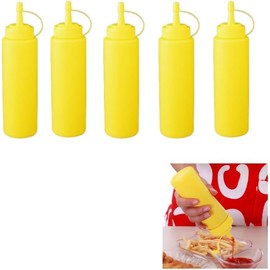 Xianjuun 5 Pcs Squeeze Condiment Bottles, Plastic Sauce Seasoning Bottles Dispensers Easy-Grip 230ml Yellow Squeeze Bottle for Kitchen, Bright Yellow