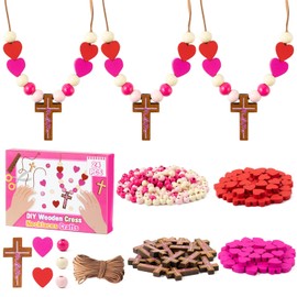 BeYumi Mother's Day Necklace Craft - 24Pcs Mother's Day DIY Wooden Cross Beads Necklace Craft Kit for Kids to Mom Gift Christian Religious Decor Family Sunday School Classroom Party Fun Activities
