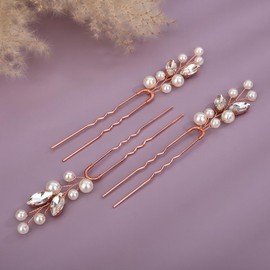 Teyglen 3pcs Pearl Wedding Hair Pins Bridal Crystal Pearl Hair Pins Clips Handmade Rose Gold Rhinestone Hair Piece Party Wedding Hair Accessories for Women Girls (Rose Gold)