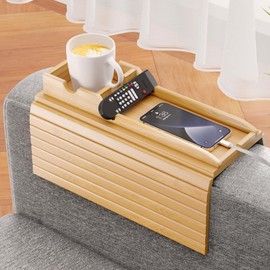 Bestjing Bamboo Sofa Armrest Tray - Couch Arm Tray with Detachable Couch Cup Holder - 2 in 1 Anti-Slip Foldable Sofa Armchair Caddy Table - Cup Holder for Drinks Cellphone TV Remote Snacks
