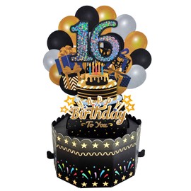 16th Birthday Card, Sweet 16th Birthday Card for Girls, Happy 16th Birthday Card with Note and Envelope, 16th Birthday Gifts for Boys and Gifts, Black Gold Birthday Card, Hot Drilling 3D Birthday Card