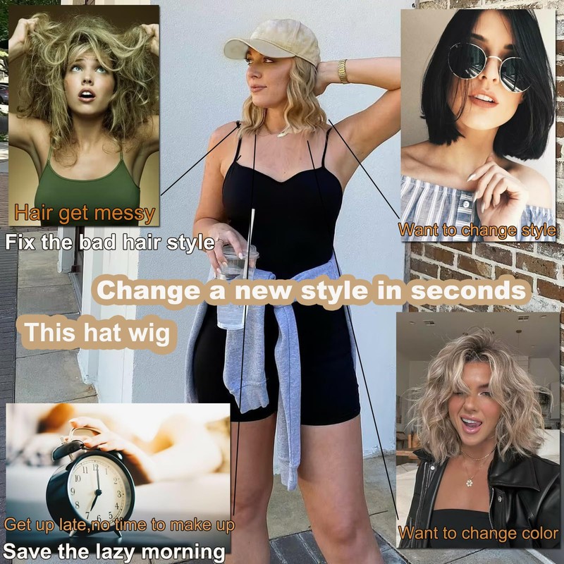 AliRobam Synthetic Wig Hat with Natural Wave Hair Extensions Attached