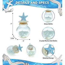 CoTa Global Turquoise Starfish Nautical Glass Bottle with Crystal Rocks and Shells - Decorative Bottle with Fixed Starfish Lid Jar Topper, Glass Jar for Beach Home Decor, Starfish Souvenir 7x4 Inch