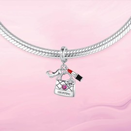 VALGACLS High-heeled, Lipstick and Shopping Bag Charm 925 Sterling Silver Charms for Bracelets and Necklaces