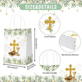 AIBIIN 24PCS Baptism Gift Bags with Handles Greenery Christening First Holy Communion Party Favors Mi Primera Comunion God Bless Goodie Treat Candy Paper Bags Party Decorations Supplies