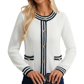 Womens Cardigan Button Down Long Sleeve Color Block Cardigan Sweaters Knit Blazer with Pockets(S, White)