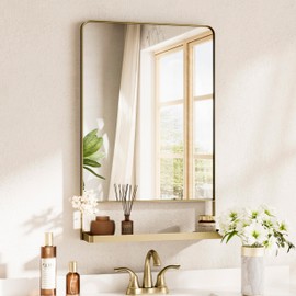 TETOTE Gold 18x28 Inch Wall Mirror with Shelf for Wall, Rounded Rectangle Door Mirror, Metal Framed, Gold Bathroom Vanity Mirror, Bathroom Mirror for Farmhouse, Living Room, Bedroom,Entryway