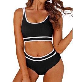 AI'MAGE Women Swimwear High Waisted Bikini Set Two Pieces Sport Bikini Padded Ribbed Swimsuits, Black S