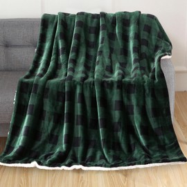 Elegant Comfort Luxury Ultra-Plush Velvet Touch Buffalo Plaid Fleece Throw - Soft, Warm, Cozy Micromink Sherpa-Backing Reversible Blanket for Bed, Sofa and Couch, Buffalo Green