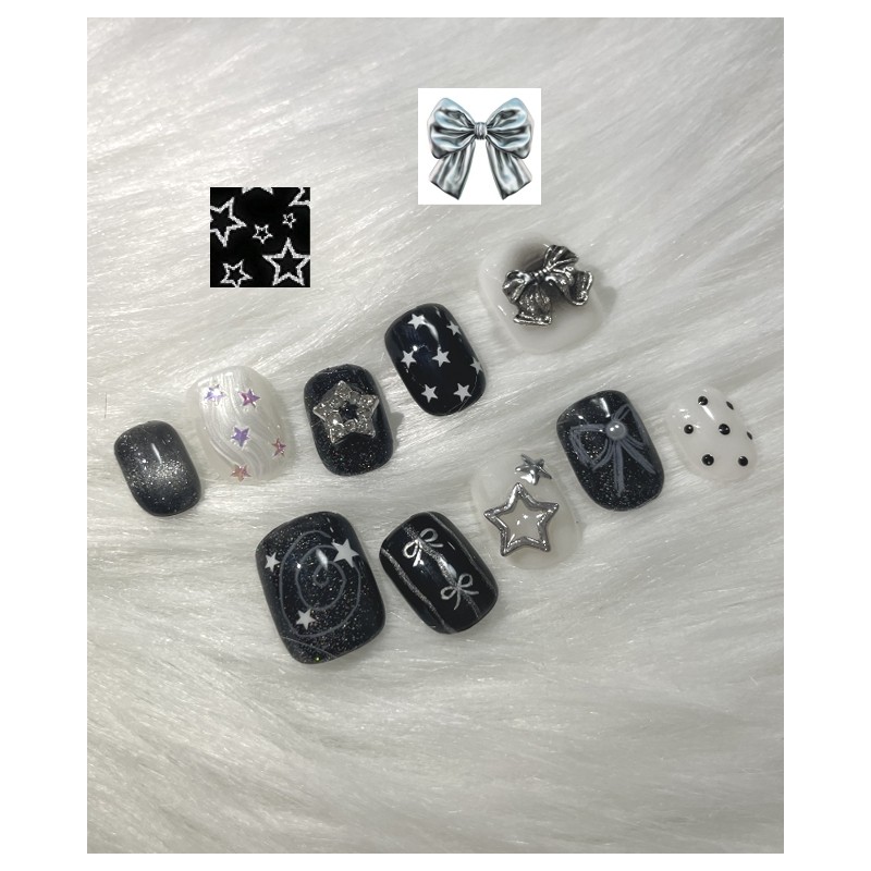 Black dot handmade nail tips - short oval / 블랙