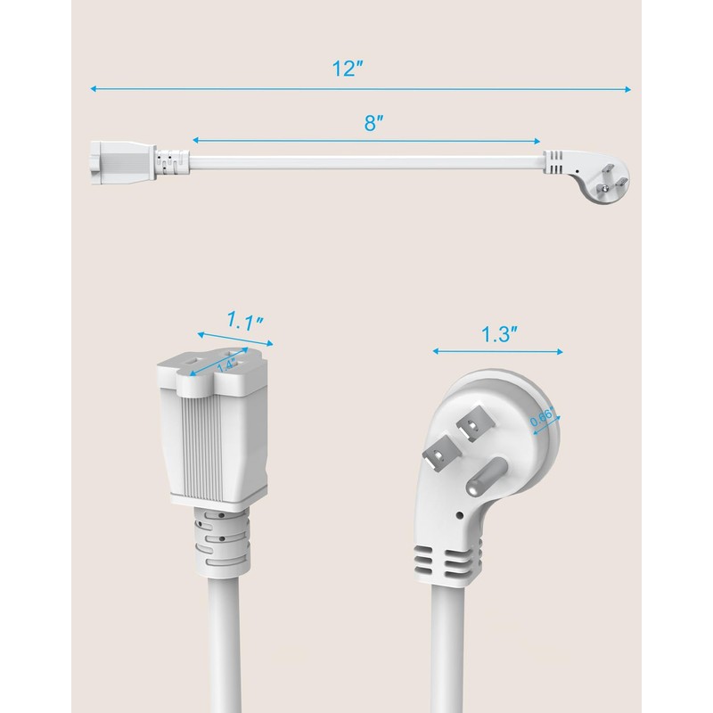 Flat Plug Short Power Extension Cord 1 Foot White 14