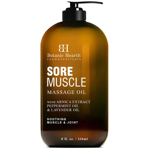 BOTANIC HEARTH Sore Muscle Massage Oil - with Arnica Montana Extract and Essential Oils - Warming and Relaxing - Soothes Tired Sore Muscles and Joint Pain, 8 fl oz