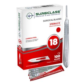 Surgical Scalpel Surgical Blades # 18 Carbon Steel Sterile Box of 100 and Handle No 4 Perfect for Wood Art, Surgical, Sculpting, Repairs, Lab Anatomy, Sign, Card Making Lab Training SURGIRD18-100