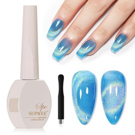 SUPWEE Blue Holographic Gel Nail Polish with Magnetic Rainbow Cat Eye Gel Nail Polish Cateye Glitter Nails Polishes Gels Iridescent Effect for Home DIY Women Girls