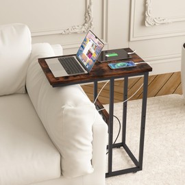 VECELO C-Shaped End Side Table Set of 2 with Charging Station & Two USB Ports and Outlets for Living Room, Bedroom, with Adjustable Feet for Couch/Sofa, Bedside, Small Spaces， Brown, 2