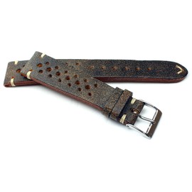 19 mm Fluco Racing Rally Vintage Cowhide Leather Watch Strap Handmade in Germany Robust Brown White Stitching, Brown silver clasp, Strap.