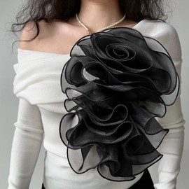 Handmade Layer Large Organza Rose Flower Brooch & Applique for Women Ladies – 13.5" x 10.6" Fabric Floral Brooches Lapel Pin for Her Elegant Wedding Party Banquet Dress Suit Accessories (Black)