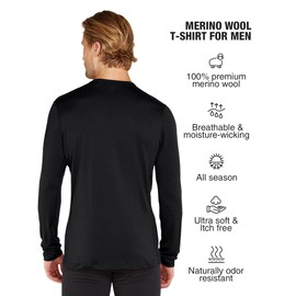 SIORO Merino Wool Base Layer - Mens 100% Merino Wool Long Sleeve Thermal Shirts, Anti-Odor, Lightweight, Breathable S-XXL Black