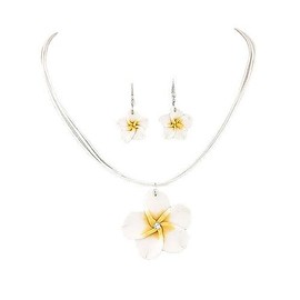 Hawaiian Plumeria Rubra Earrings Necklace Set Bohemia Tropical Flower Dangle Earrings Luau Beach Party Accessories for Women Jewelry-White