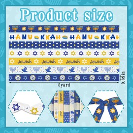 Hying 7 Rolls Hanukkah Ribbon for Wrapping Gifts, Chanukah Star of David Menorah Ribbon for Gift Wrapping Jewish Festival Decorations DIY 3/8" X 35 Yards White Blue Grosgrain Ribbon for Party Supplies
