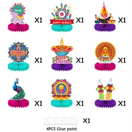 Diwali Decorations - Set of 9 Diwali Paper Decorations, Happy Diwali Honeycomb Decoration, Diwali Party Table Honeycomb, Reusable Decorations Elephant Peacock Lantern Oil Lamp and Other Patterns