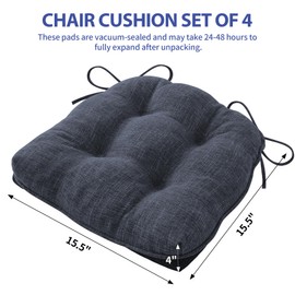 IPYNBAP Chair Cushions for Dining Chairs Set of 4, Indoor Kitchen Chair Cushions with Ties and Non Slip Backing, Tufted Shredded Memory Foam Kitchen Chair Pads, 15.5" x 15.5" x 4", Navy