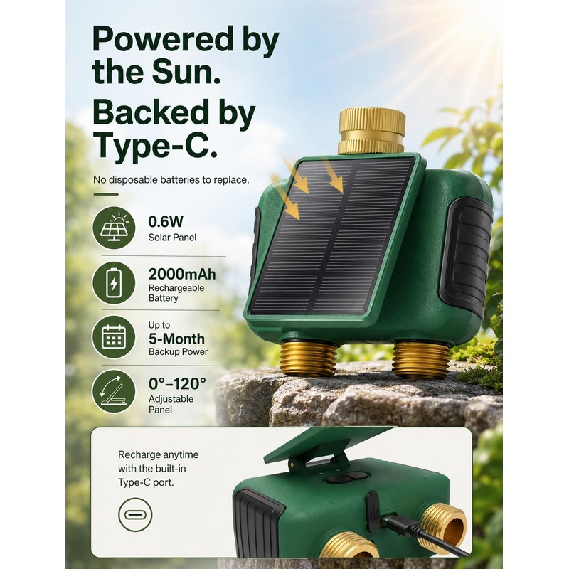 MOES Solar WiFi Hose Timer, 2-Zone Sprinkler Water Timer, Brass