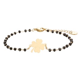 PengJin Lucky four leaf clover charm bracelet, stainless steel, with black beads, simple lucky charm bracelet