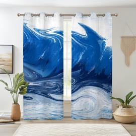 Renaiss Blue and White Blackout Curtains Abstract Ocean Thermal Insulated Window Drapes for Bedroom 42W x 84L inches 2 Panel Set Luxury Liquid Marble Window Curtain Panels for Living Room