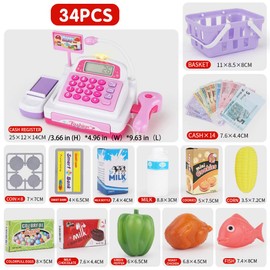 Fegalop 34PCS Caja registradora Juguetes para niñas Juegos de imaginación Supermercado Tienda Juguetes Caja Escáner Juguetes con Sonidos y Juegue Comida, Dinero, Juguetes de supermercado y más