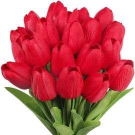 20 Pcs Artificial Red Tulip Flowers Faux Tulip Stems PU Real Touch Tulips 13.7" Tall for Spring Easter Vase Wedding Bouquets Floral Arrangements Wreath Table Centerpiece Indoor Outdoor Decoration