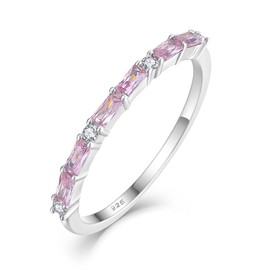 STARCHENIE 925 Sterling Silver Thin Eternity Ring for Women Half Baguette Band Created Pink Tourmaline Stackable Rings Size 9