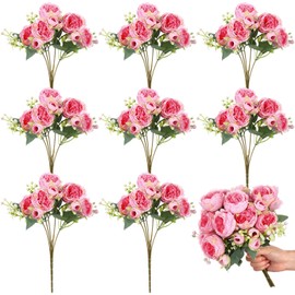 Crowye 8 Bundles Artificial Peonies Realistic Flowers with Stems Bouquet Peonies for Table Centerpieces Wedding Decoration Bridal Floral Arrangement (Dark Pink)