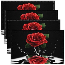 Feelyou Red Rose Table Place Mats Set Romantic Floral Blossom Placemats Set of 4 Black Red Placemat for Kitchen Dining Table for Women Men for Lover Indoor Outdoor Decor Table Mats 18"x12"