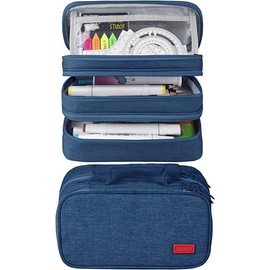 SYCYKA Large Capacity Pencil Case Pouch with 3 Compartments Portable Canvas Stationery Organizer with Double Zippers Simple Sturdy for College School Office Girl Boy Men Women Adult - Dark Blue