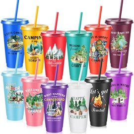 Chuangdi 12 Pcs Camp Theme Plastic Cup with Lid and Straw 24oz Camping Journal Tumbler Gifts Bulk Camping Lover for Outdoor Indoor Travel Holiday Gifts