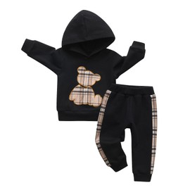 Zoputey Toddler Baby Boy Girl Clothes Bear Pattern Long Sleeve Hoodie Top + Pants Outfits Sets, Black, 3-6 Months