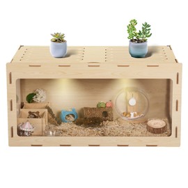 ISDAY Large Wooden Acrylic Hamster Cage, Small Furry Animal Cage for Dwarf Hamster, Wooden Openable Top Guinea Pig Cage with Air Vents, Pets House with Acrylic Panels, Pet Habitats Burlywood 40 INCH