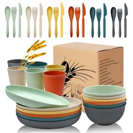 36Pcs Wheat Straw Plates and Bowls Sets, Wheat Straw Dinnerware Sets for 6 with Plates, Cups, Knives, Forks and Spoons Reusable Plates Set Dishes Set Dishwasher and Microwave Safe Plates