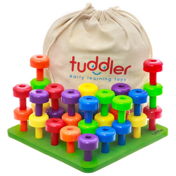 Tuddler Toddler Peg Board Sensory Toys / Montessori Toys for Toddlers / Fine Motor Skills Toys / Educational Toys / 30 Pieces Stackable Pegs + Pattern Card + Drawstring Backpack + E-Book