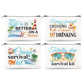 DOODLREAM Canvas Cruise Ship Makeup Bag - 4Pcs Cruise Essentials Survival Kit Gift Cosmetic Bags Travel Organizer Portable Beach Accessories with Zipper