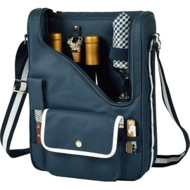 Picnic at Ascot - Wine Carrier Deluxe with Glass Wine Glasses and Accessories for Two, Navy/White