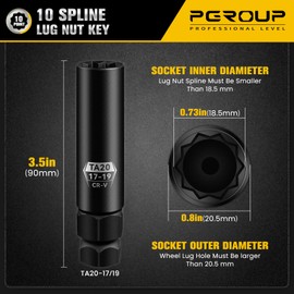 pgroup 10 Spline Lug Nut Key, TA20-17/19 Socket,Lug Nut Removal Tool Of 17mm & 19mm Hex Drive, Wheel Replacement Key To Double-Hex Heads, Cr-V Steel