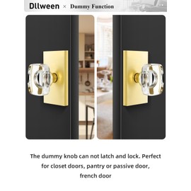 Dllween Glass Gold Dummy Door Knob, Satin Brass Crystal Dummy Door Knob Door Handles Rectangular Modern Non-Turning for Bifold Closet Doors, 4 Pack