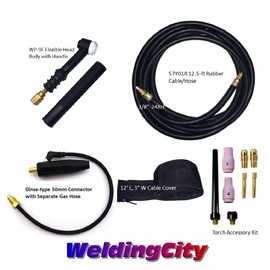 WeldingCity 125-amp WP-9F (Flexible Head) Air-cooled TIG Welding Torch Complete Package with 12.5-ft Power Cable Hose and Solid Dinse 35-50 (1/2") Cable Adapter (with Separate Gas Hose)