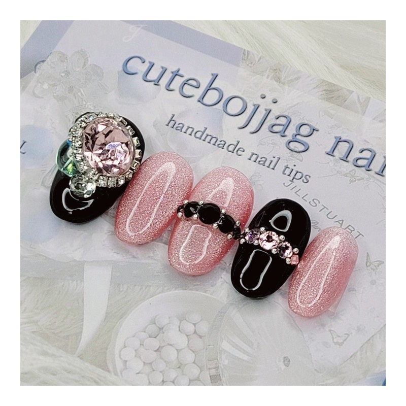 Black Pink Handmade Nail Tips - Lipstick / 블랙 핑크