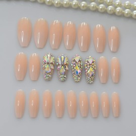 3d Bling Fake Nails Extra Long Press On False Nails With Design Holo Rhinestones Nail Tips Pink Nude Full Cover Ballerina Coffin Artificial Nail Art For Women Girls Bridal Wedding
